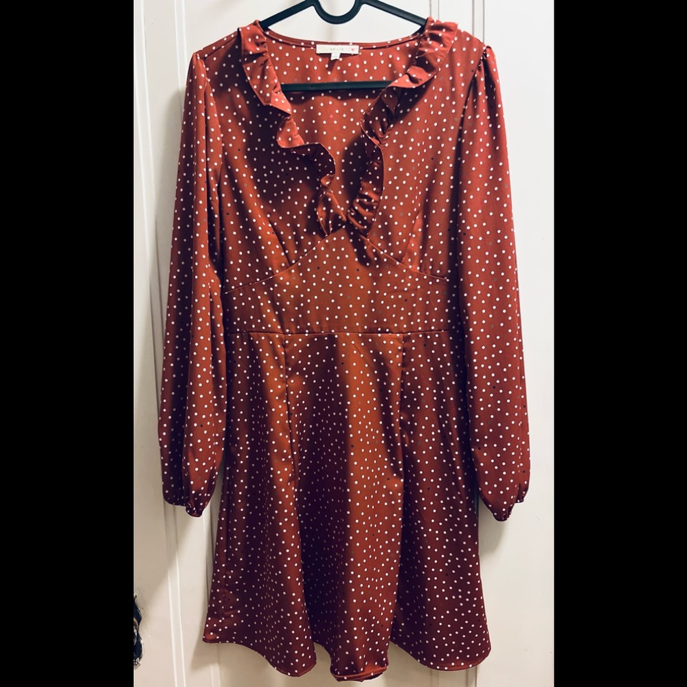 Fit and flare spring/summer dress. Rust color/polka dots. Brand new, worn once.